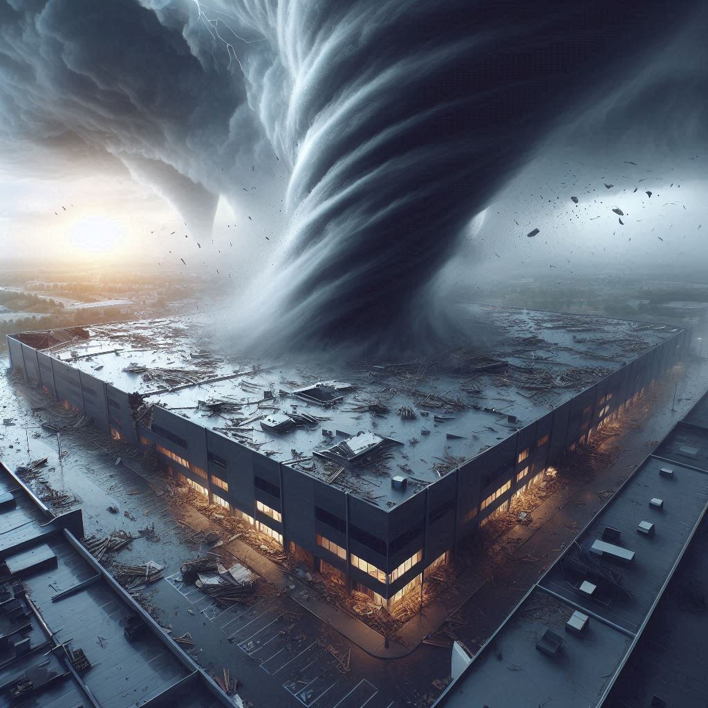 Commercial Building Roof in a tornado storm